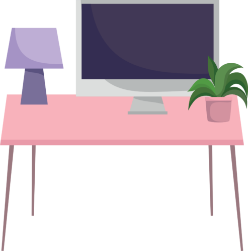 desk with lamp, computer, and plant